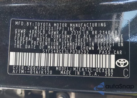 2020 Toyota Corolla Se из США, поврежденный, VIN 5YFS4RCE3LP038292